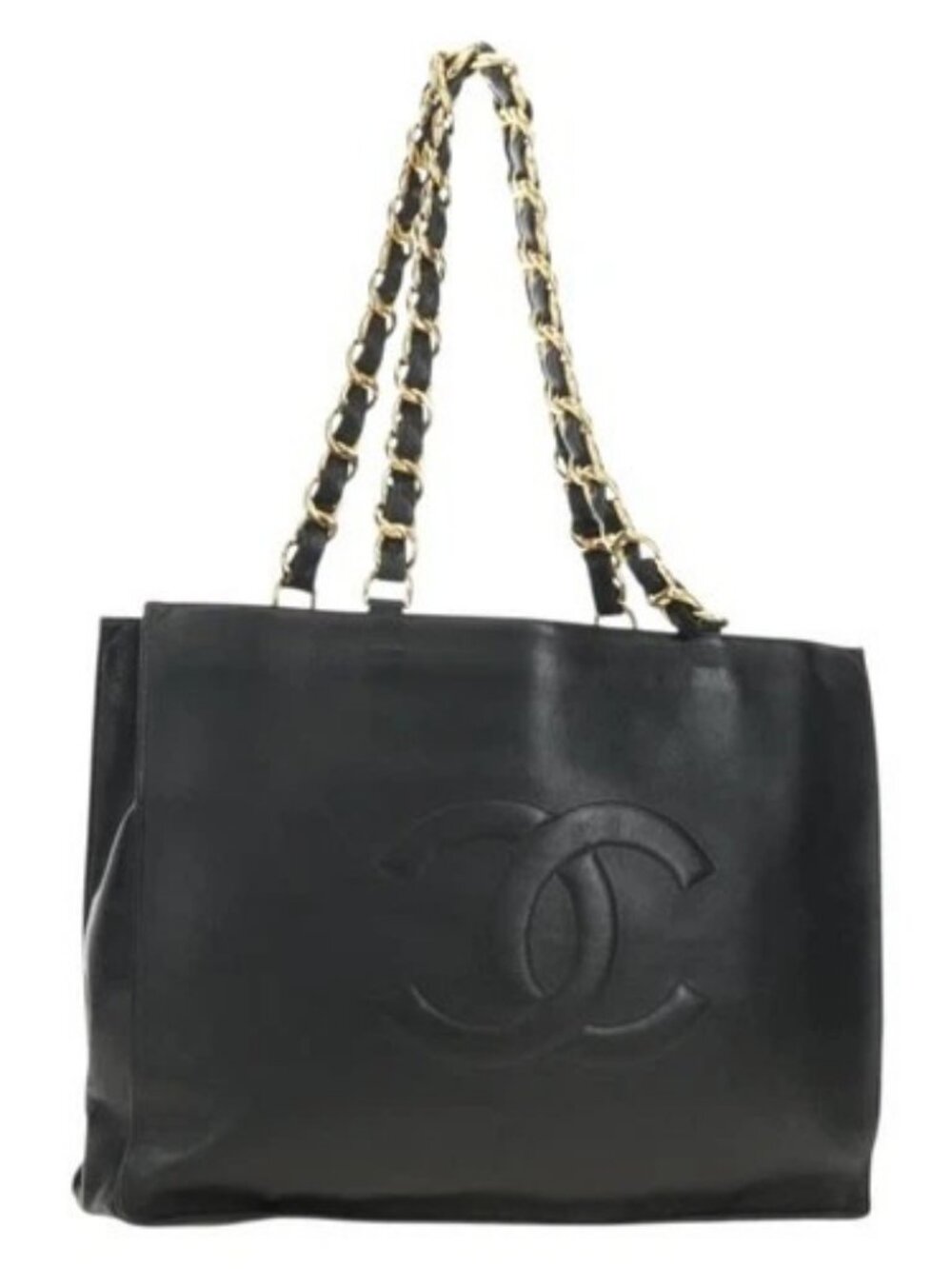 CHANEL Chain Tote Bag Leather Black Gold CC Auth 180487SAV